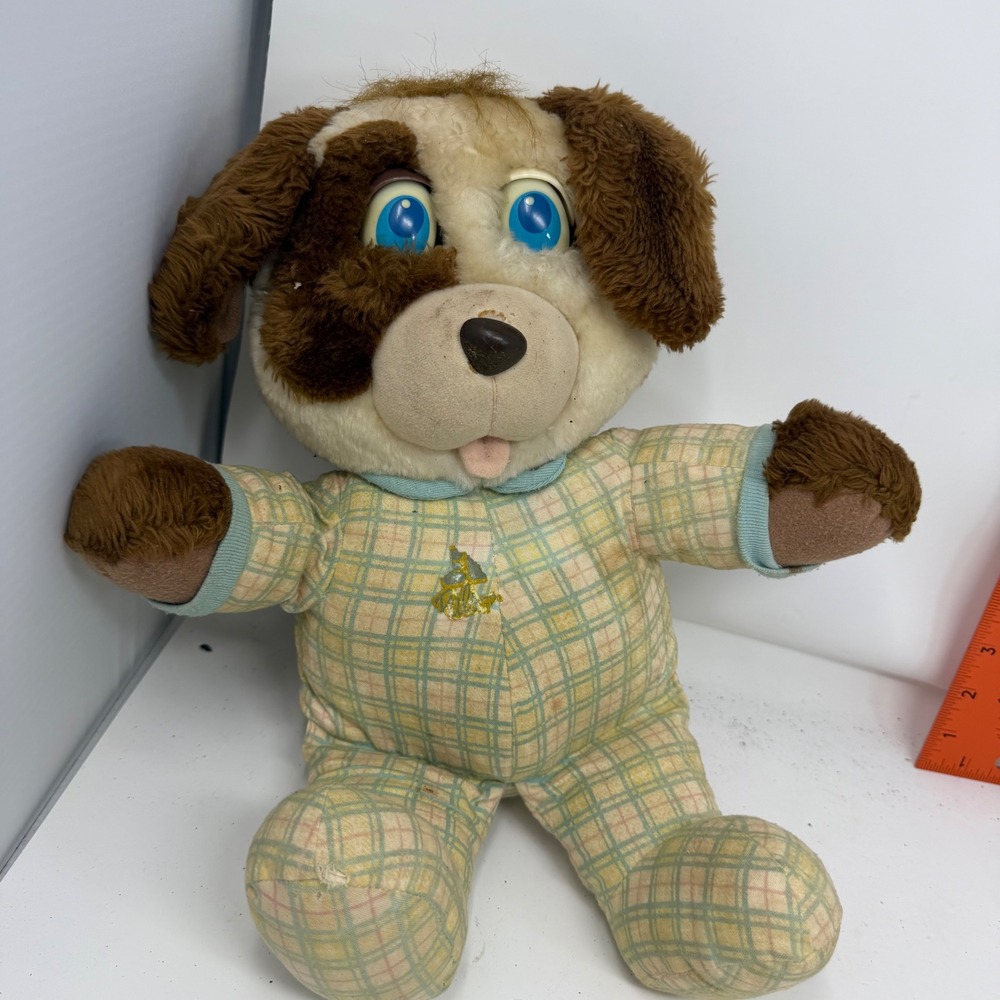 Vintage 1990 Galoob Puppy Dog Plush Blue Eyes Plaid Pajamas Brown White 11 inch